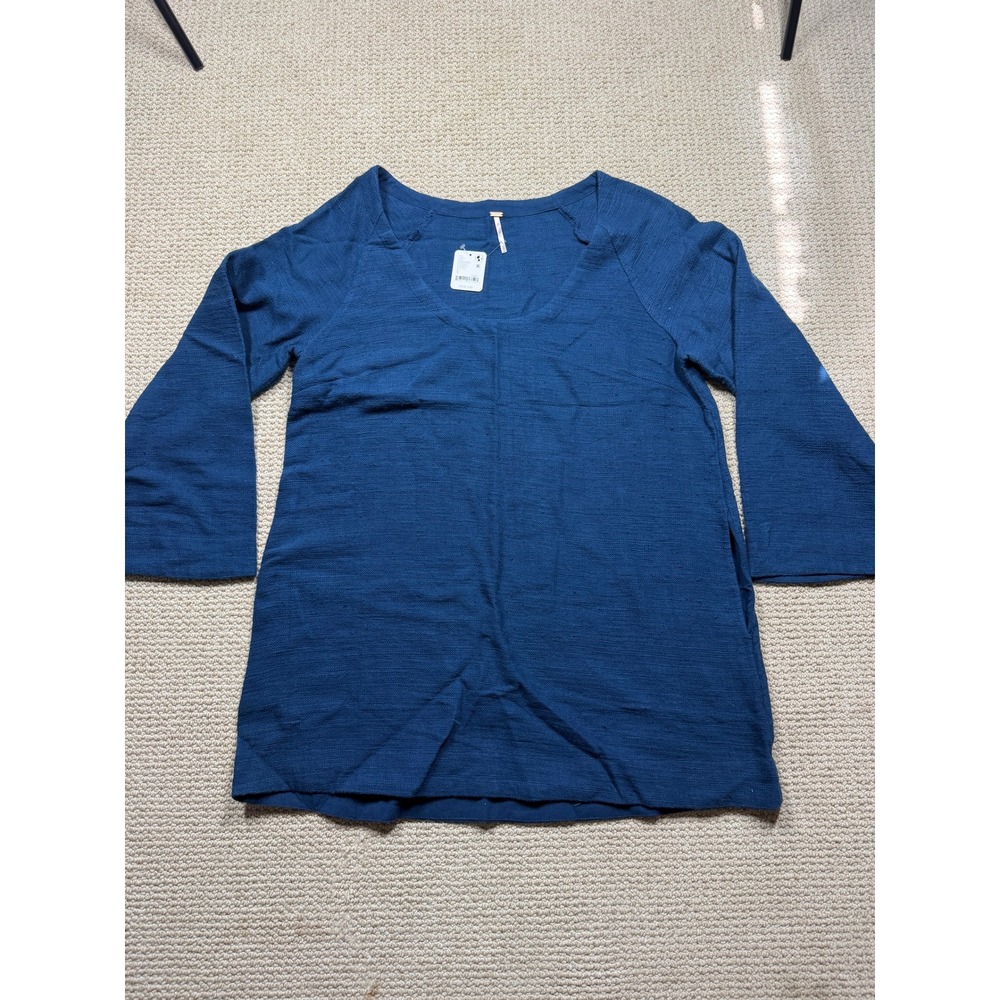 Free People Dark Denim Blue Textured Cotton Tunic Top Bell Sleeve OB1980494 L